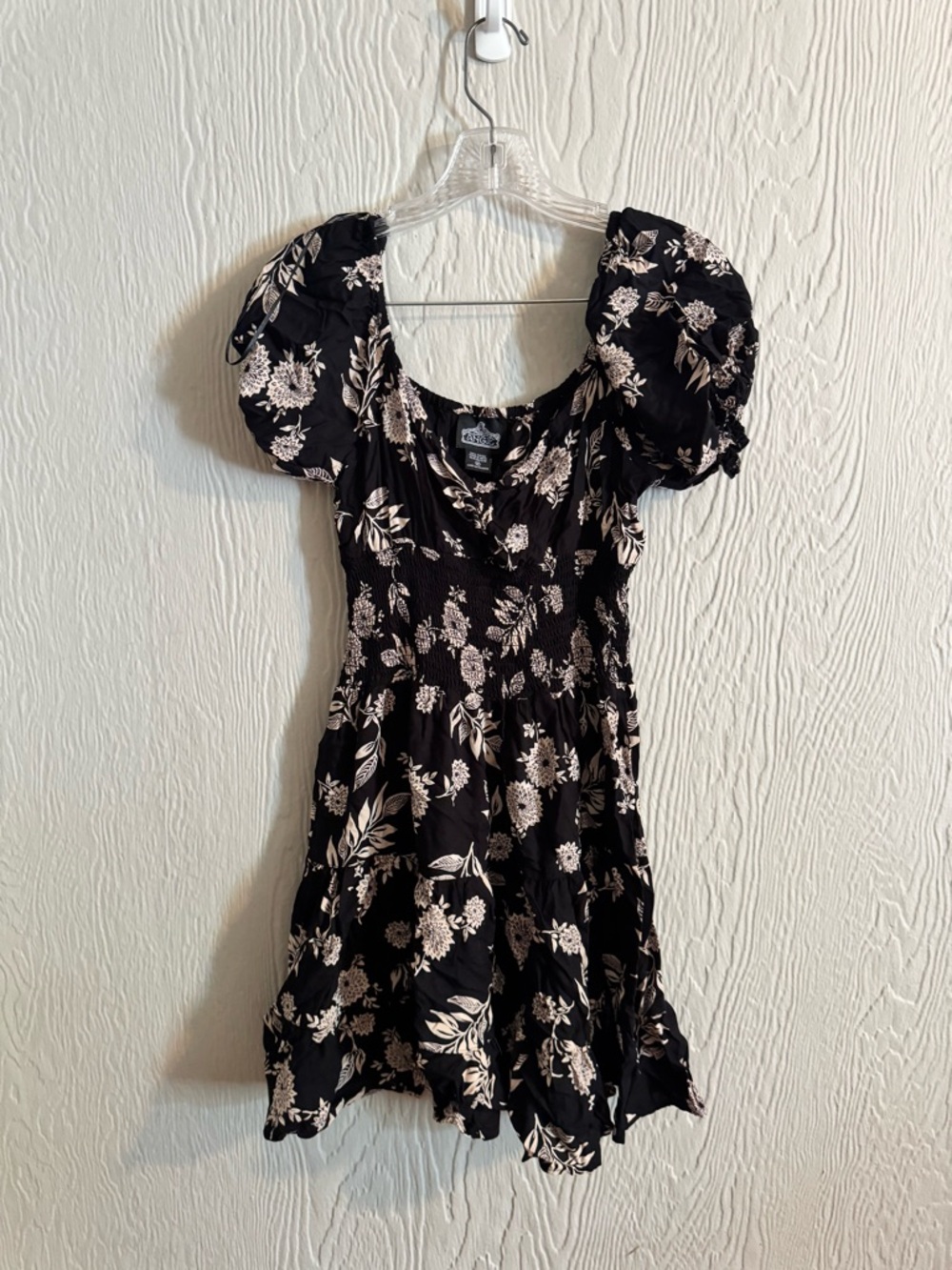 Angie Black Mini Dress with Cream Floral Pattern